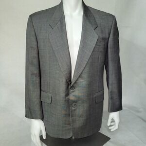 TOM JAMES Mens Gray Plaid‎ Wool Blend Suit Jacket Blazer 42R Custom Tailored USA